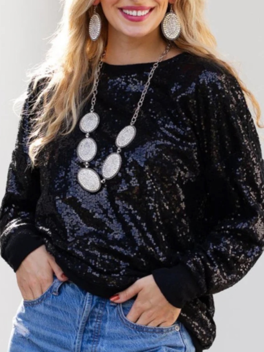 Black Sequin Long-Sleeve Sweatshirt by Bels Boutique